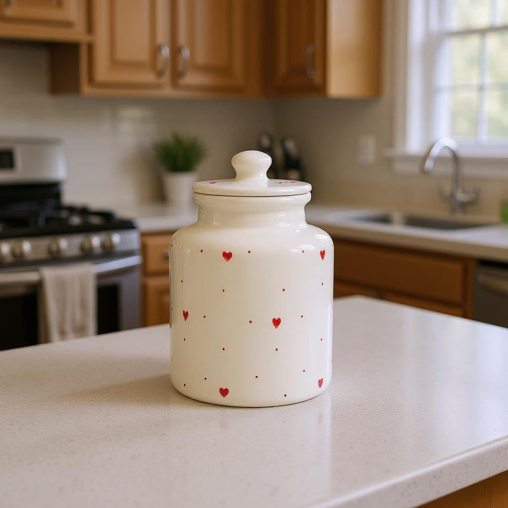 Large Ceramic Candy Jar ( Glossy Off-White with Red Hearts ) ( 1500 ml ) ( NOT Airtight )