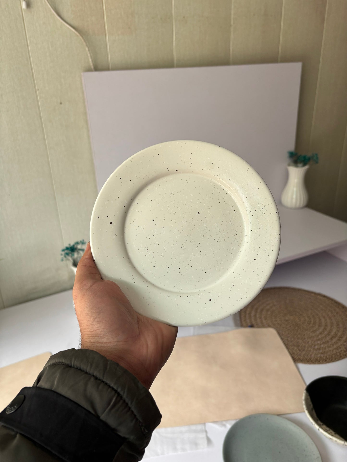 7 inch Flat Plate with Rim ( White Matte with Brown Specks )