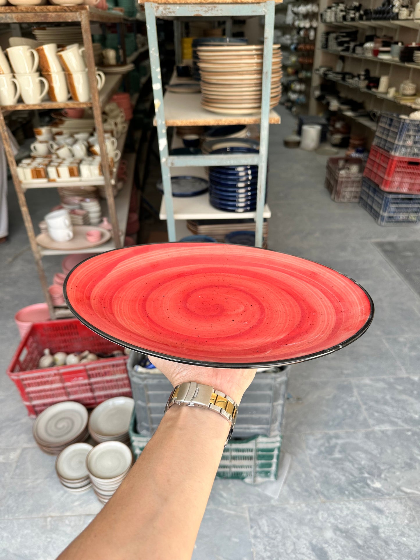 Leftover 13 inch Rimless Rice Dish ( Red Colorline Black line )