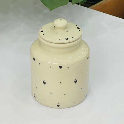 Large Ceramic Candy Jar ( Glossy Off-White with Black Hearts ) ( 1500 ml )
