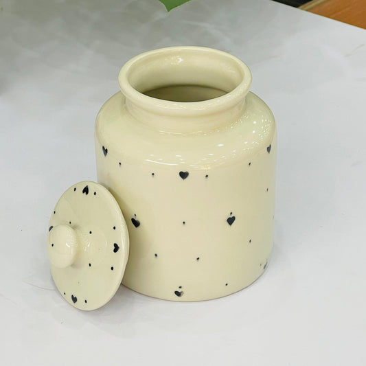 Large Ceramic Candy Jar ( Glossy Off-White with Black Hearts ) ( 1500 ml )