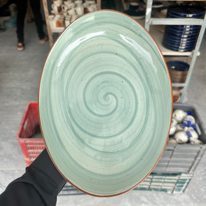 Leftover 13 inch Rimless Rice Dish ( Teal Colorline Brown line )