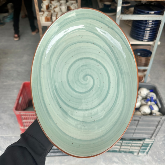 Leftover 13 inch Rimless Rice Dish ( Teal Colorline Brown line )