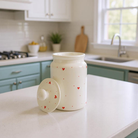 Medium Ceramic Candy Jar ( Glossy Off-White with Red Hearts ) ( 1000 ml ) ( NOT Airtight )