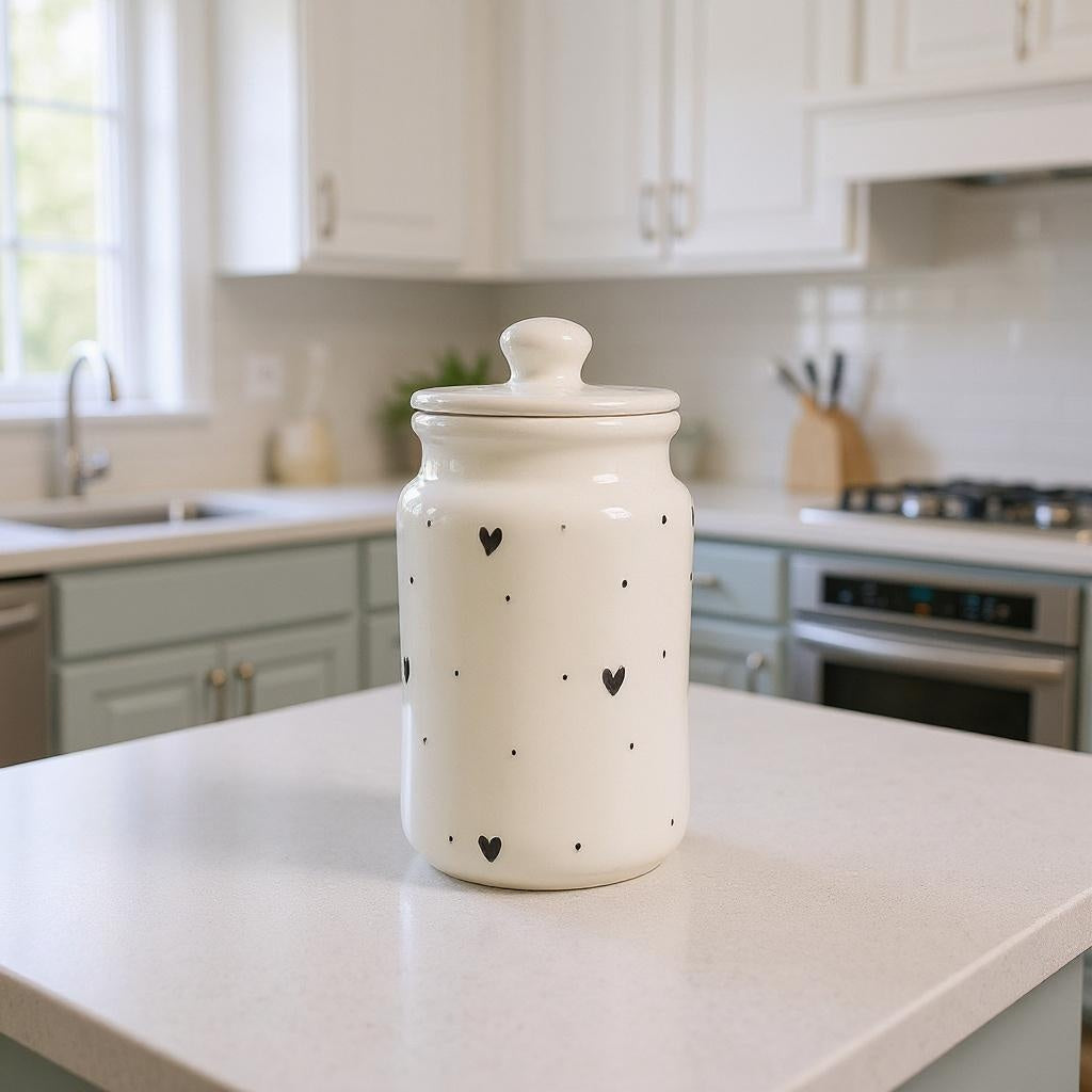 Medium Ceramic Candy Jar ( Glossy Off-White with Black Hearts ) ( 1000 ml )